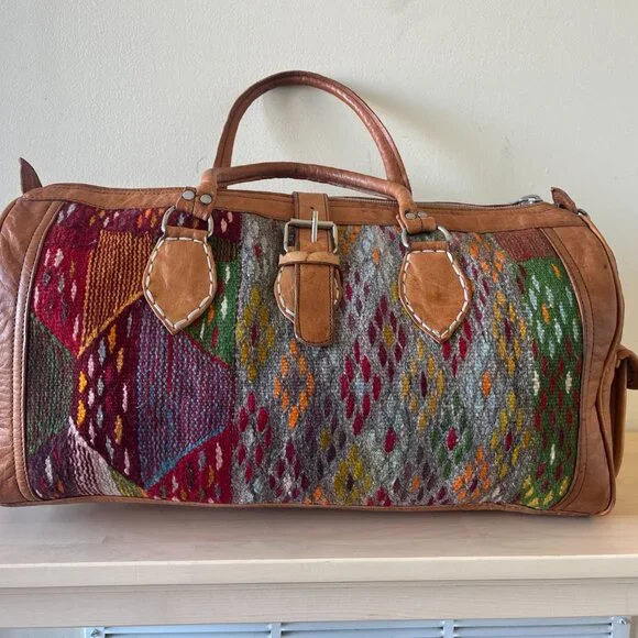 Moroccan Leather Kilim Weekender Bag – Handmade Travel Duffel - Picture 2 of 7